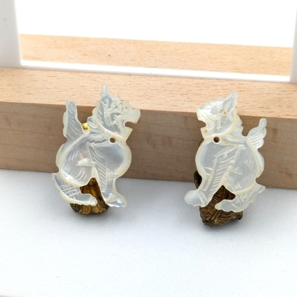 Antique White Opalescent Carved Clip-On Earrings - Picture 1 of 5